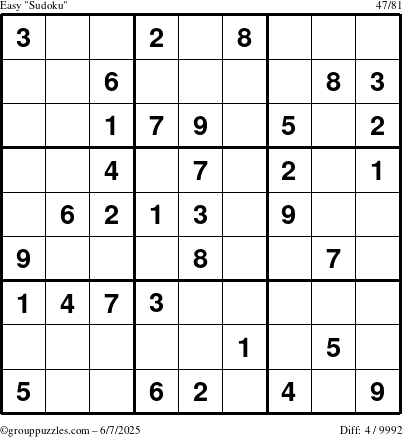 The grouppuzzles.com Easy Sudoku puzzle for Saturday June 7, 2025