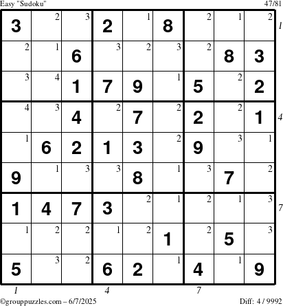 The grouppuzzles.com Easy Sudoku puzzle for Saturday June 7, 2025 with all 4 steps marked
