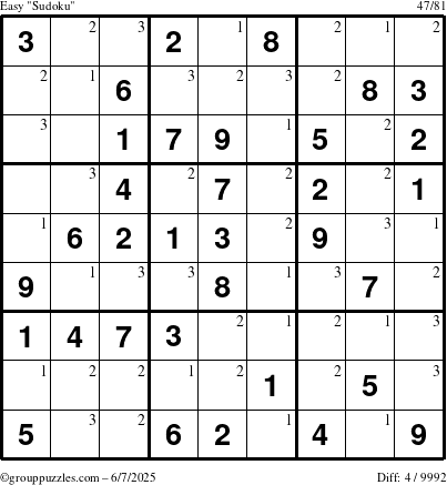 The grouppuzzles.com Easy Sudoku puzzle for Saturday June 7, 2025 with the first 3 steps marked