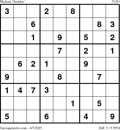 The grouppuzzles.com Medium Sudoku puzzle for Saturday June 7, 2025