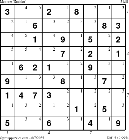 The grouppuzzles.com Medium Sudoku puzzle for Saturday June 7, 2025 with all 5 steps marked