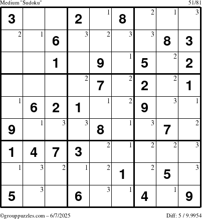 The grouppuzzles.com Medium Sudoku puzzle for Saturday June 7, 2025 with the first 3 steps marked
