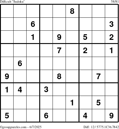 The grouppuzzles.com Difficult Sudoku puzzle for Saturday June 7, 2025