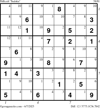 The grouppuzzles.com Difficult Sudoku puzzle for Saturday June 7, 2025 with all 12 steps marked
