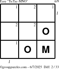 The grouppuzzles.com Easy TicTac-MNO puzzle for Saturday June 7, 2025 with all 2 steps marked