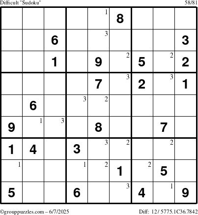 The grouppuzzles.com Difficult Sudoku puzzle for Saturday June 7, 2025 with the first 3 steps marked