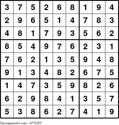 The grouppuzzles.com Answer grid for the Sudoku puzzle for Saturday June 7, 2025
