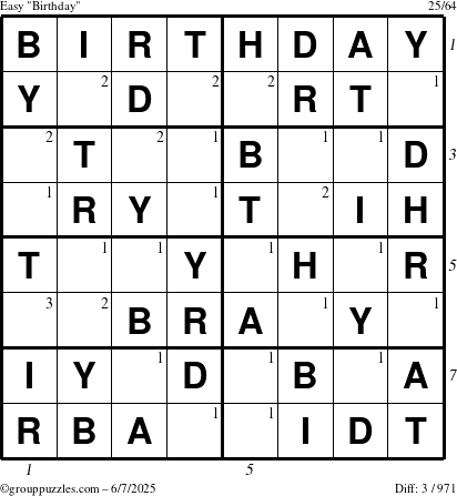 The grouppuzzles.com Easy Birthday puzzle for Saturday June 7, 2025 with all 3 steps marked