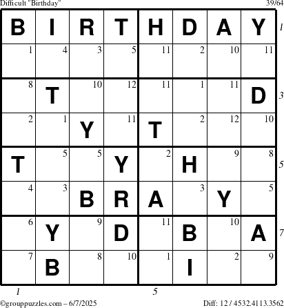 The grouppuzzles.com Difficult Birthday puzzle for Saturday June 7, 2025 with all 12 steps marked