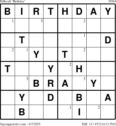 The grouppuzzles.com Difficult Birthday puzzle for Saturday June 7, 2025 with the first 3 steps marked