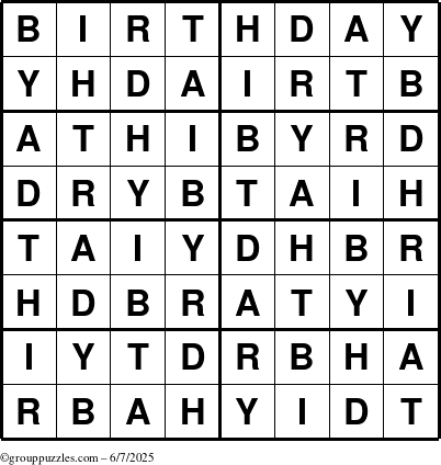The grouppuzzles.com Answer grid for the Birthday puzzle for Saturday June 7, 2025
