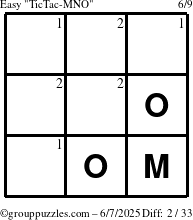The grouppuzzles.com Easy TicTac-MNO puzzle for Saturday June 7, 2025 with the first 2 steps marked