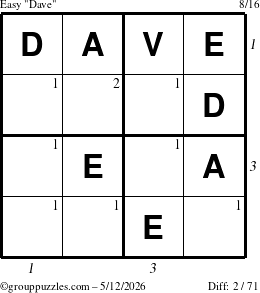 The grouppuzzles.com Easy Dave puzzle for Tuesday May 12, 2026 with all 2 steps marked