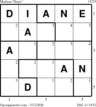 The grouppuzzles.com Medium Diane puzzle for Tuesday May 12, 2026 with all 4 steps marked