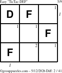 The grouppuzzles.com Easy TicTac-DEF puzzle for Tuesday May 12, 2026, suitable for printing, with all 2 steps marked