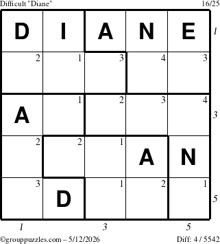 The grouppuzzles.com Difficult Diane puzzle for Tuesday May 12, 2026, suitable for printing, with all 4 steps marked