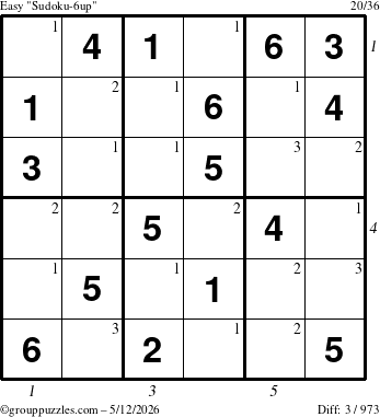 The grouppuzzles.com Easy Sudoku-6up puzzle for Tuesday May 12, 2026 with all 3 steps marked