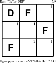 The grouppuzzles.com Easy TicTac-DEF puzzle for Tuesday May 12, 2026 with the first 2 steps marked