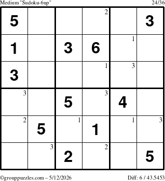 The grouppuzzles.com Medium Sudoku-6up puzzle for Tuesday May 12, 2026 with the first 3 steps marked