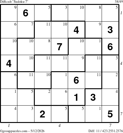 The grouppuzzles.com Difficult Sudoku-7 puzzle for Tuesday May 12, 2026 with all 11 steps marked