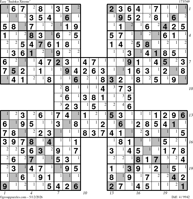 The grouppuzzles.com Easy Sudoku-Xtreme puzzle for Tuesday May 12, 2026, suitable for printing, with all 4 steps marked
