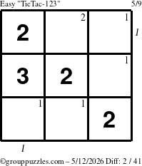 The grouppuzzles.com Easy TicTac-123 puzzle for Tuesday May 12, 2026 with all 2 steps marked
