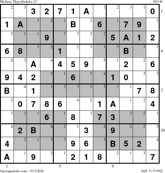 The grouppuzzles.com Medium HyperSudoku-12 puzzle for Tuesday May 12, 2026, suitable for printing, with all 5 steps marked