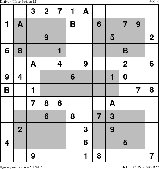 The grouppuzzles.com Difficult HyperSudoku-12 puzzle for Tuesday May 12, 2026