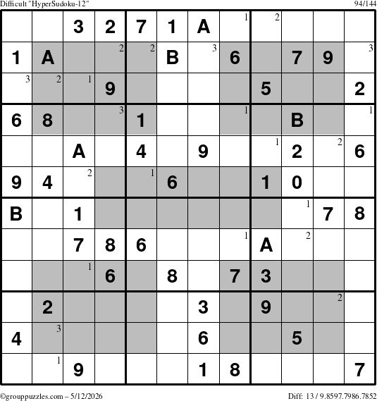 The grouppuzzles.com Difficult HyperSudoku-12 puzzle for Tuesday May 12, 2026 with the first 3 steps marked
