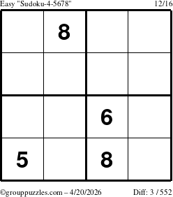 The grouppuzzles.com Easy Sudoku-4-5678 puzzle for Monday April 20, 2026
