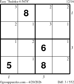 The grouppuzzles.com Easy Sudoku-4-5678 puzzle for Monday April 20, 2026 with all 3 steps marked