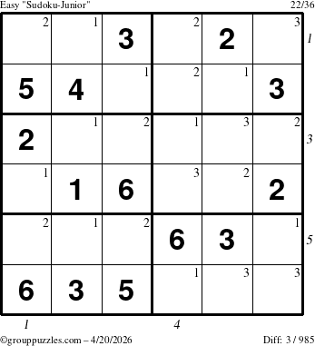 The grouppuzzles.com Easy Sudoku-Junior puzzle for Monday April 20, 2026 with all 3 steps marked