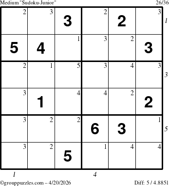 The grouppuzzles.com Medium Sudoku-Junior puzzle for Monday April 20, 2026 with all 5 steps marked