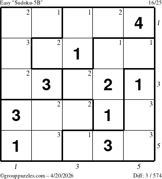 The grouppuzzles.com Easy Sudoku-5B puzzle for Monday April 20, 2026 with all 3 steps marked