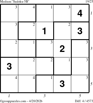 The grouppuzzles.com Medium Sudoku-5B puzzle for Monday April 20, 2026, suitable for printing, with all 4 steps marked