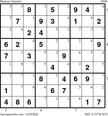 The grouppuzzles.com Medium Sudoku puzzle for Monday April 20, 2026 with all 8 steps marked