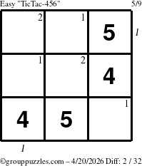The grouppuzzles.com Easy TicTac-456 puzzle for Monday April 20, 2026 with all 2 steps marked