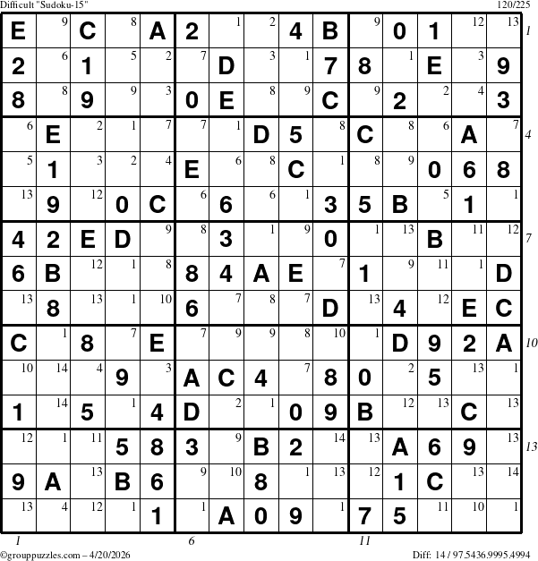 The grouppuzzles.com Difficult Sudoku-15 puzzle for Monday April 20, 2026 with all 14 steps marked