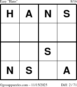 The grouppuzzles.com Easy Hans puzzle for Saturday November 15, 2025