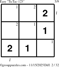 The grouppuzzles.com Easy TicTac-123 puzzle for Saturday November 15, 2025 with all 2 steps marked