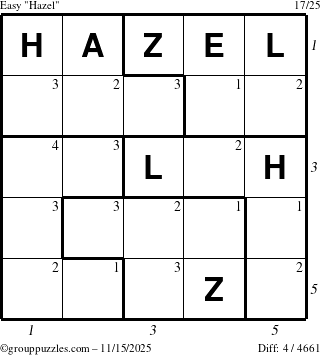 The grouppuzzles.com Easy Hazel puzzle for Saturday November 15, 2025, suitable for printing, with all 4 steps marked