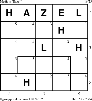 The grouppuzzles.com Medium Hazel puzzle for Saturday November 15, 2025, suitable for printing, with all 5 steps marked