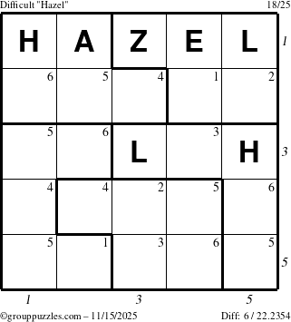 The grouppuzzles.com Difficult Hazel puzzle for Saturday November 15, 2025 with all 6 steps marked