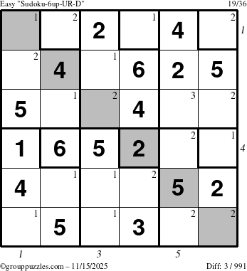 The grouppuzzles.com Easy Sudoku-6up-UR-D puzzle for Saturday November 15, 2025, suitable for printing, with all 3 steps marked