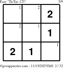 The grouppuzzles.com Easy TicTac-123 puzzle for Saturday November 15, 2025 with the first 2 steps marked