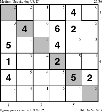The grouppuzzles.com Medium Sudoku-6up-UR-D puzzle for Saturday November 15, 2025, suitable for printing, with all 6 steps marked