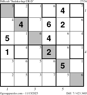 The grouppuzzles.com Difficult Sudoku-6up-UR-D puzzle for Saturday November 15, 2025, suitable for printing, with all 7 steps marked