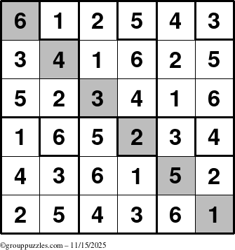 The grouppuzzles.com Answer grid for the Sudoku-6up-UR-D puzzle for Saturday November 15, 2025