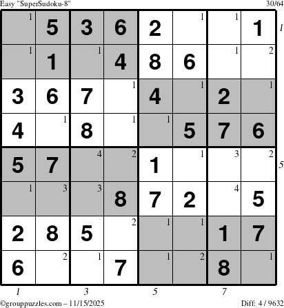 The grouppuzzles.com Easy SuperSudoku-8 puzzle for Saturday November 15, 2025 with all 4 steps marked