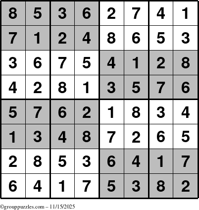 The grouppuzzles.com Answer grid for the SuperSudoku-8 puzzle for Saturday November 15, 2025